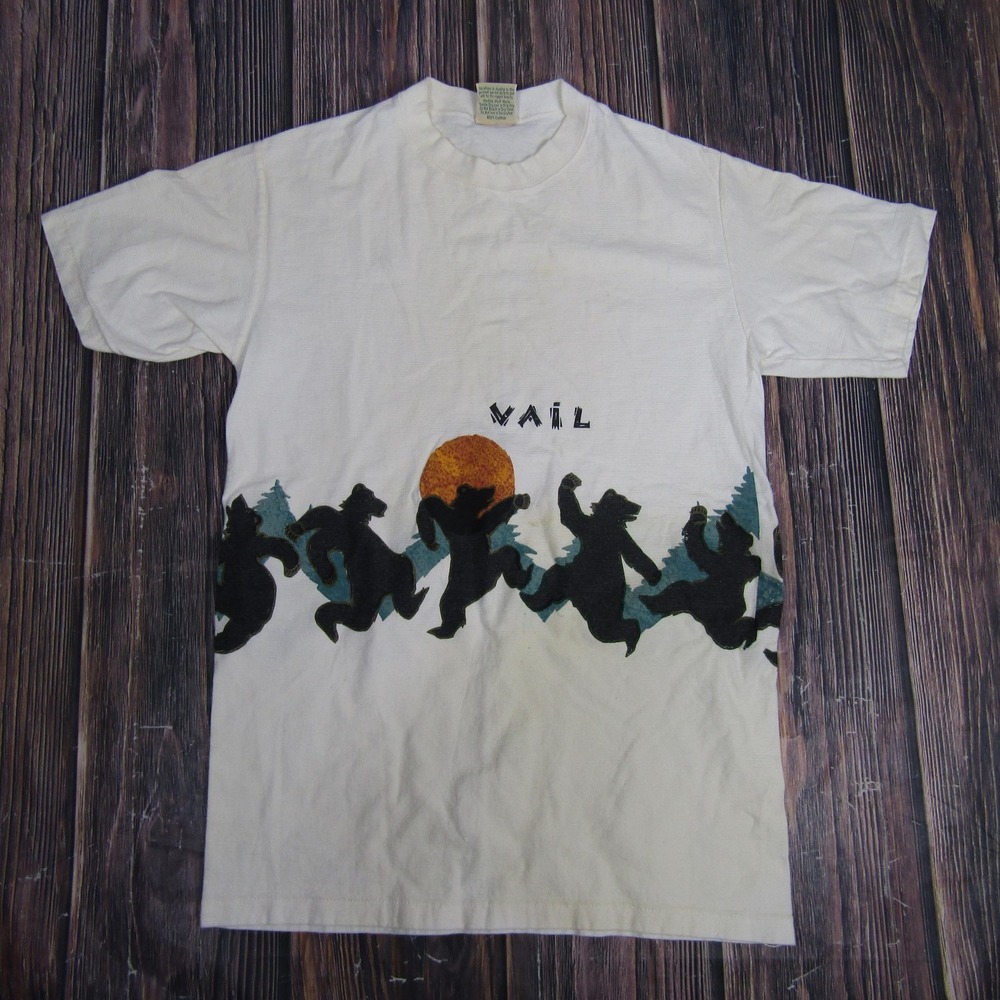 Vintage Vail Shirt Mens Medium White Dancing Bear Ski Graphic‎ Single Stitch 80s